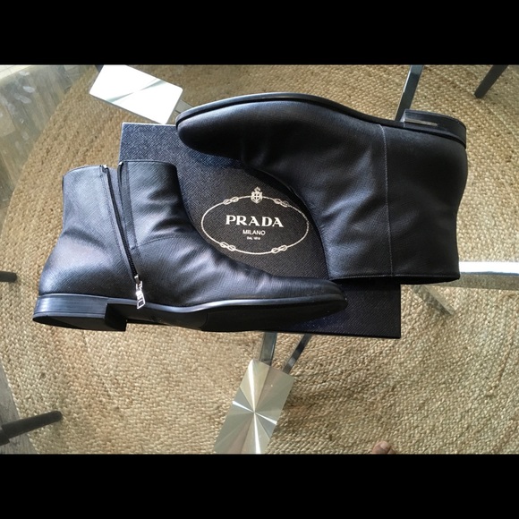 Sz 12/eu45 Prada Saffiano Leather Ankle Boots - Picture 5 of 6